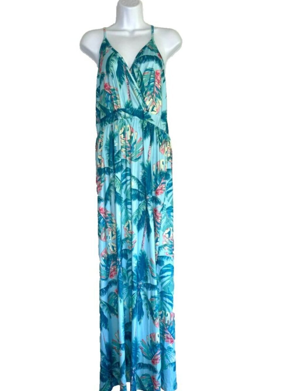 Unbranded Maxi Dress XL Babydoll Tropical Resort Coastal Beach Boho Blue Stretch